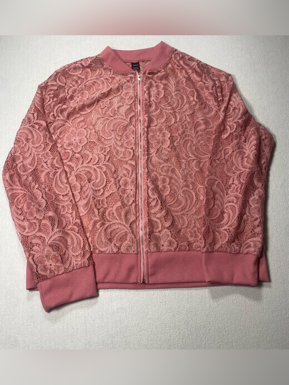 Ranlege Women’s Lace-Overlay Bomber Jacket - Pink